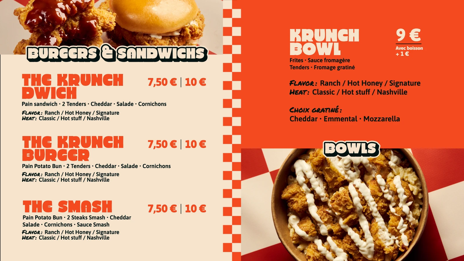 Burgers, sandwichs et Krunch Bowl O'Krunchy