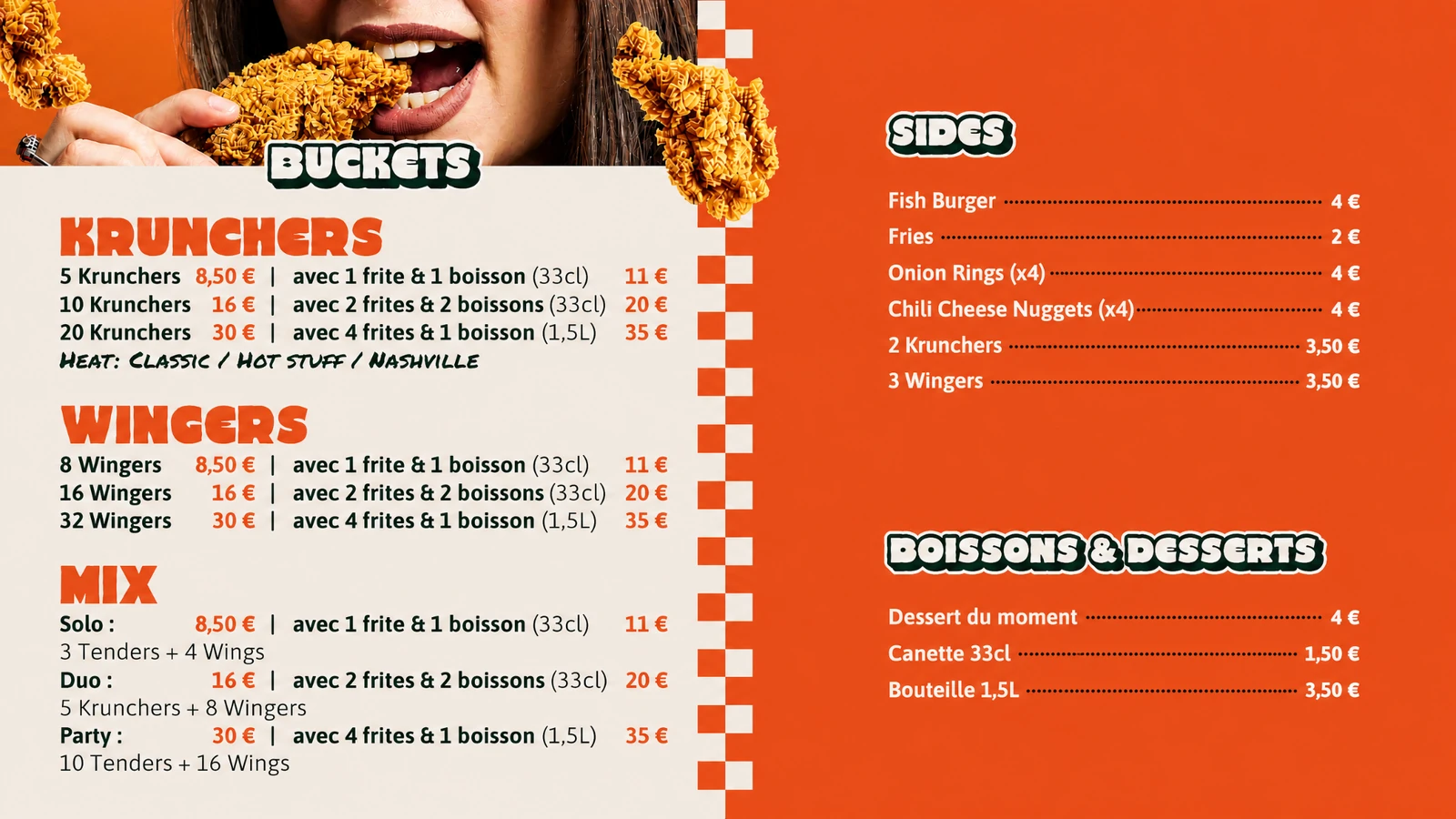 Buckets, accompagnements, boissons et desserts O'Krunchy