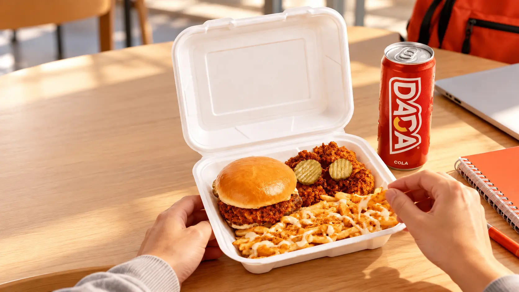 Ranch Classic Box O’KRUNCHY dans un décor de pause déjeuner étudiante